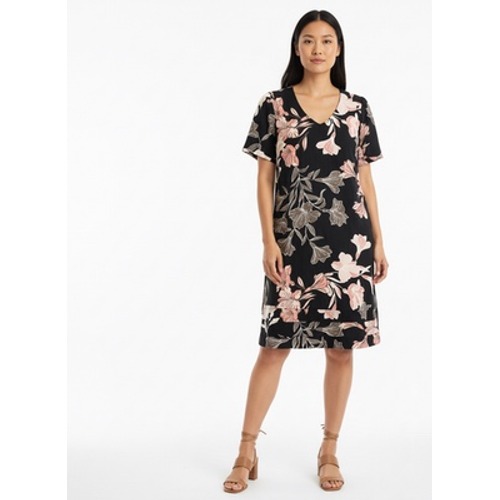 Nicole Miller Black Floral Linen Blend V-Neck Shift Dress Xl Lagenlook Coastal